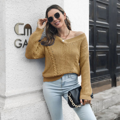 Loose V-neck Women’s Sweater with Twist Design